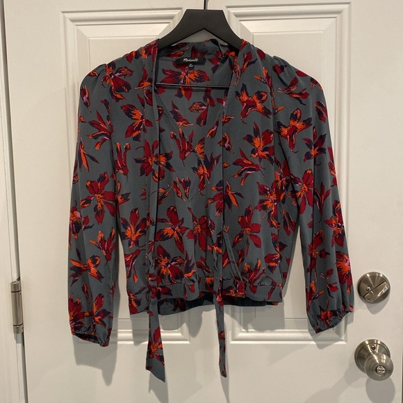 Madewell Silk Tie Neck Wrap Top in Winter Orchid Multi Green Size XS - Picture 2 of 5